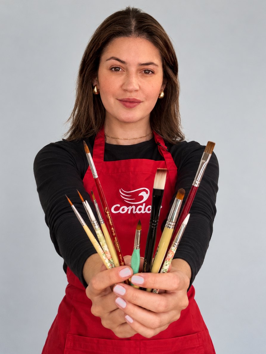 Jiceli de avental vermelho segurando um feixe de pincéis de pintura